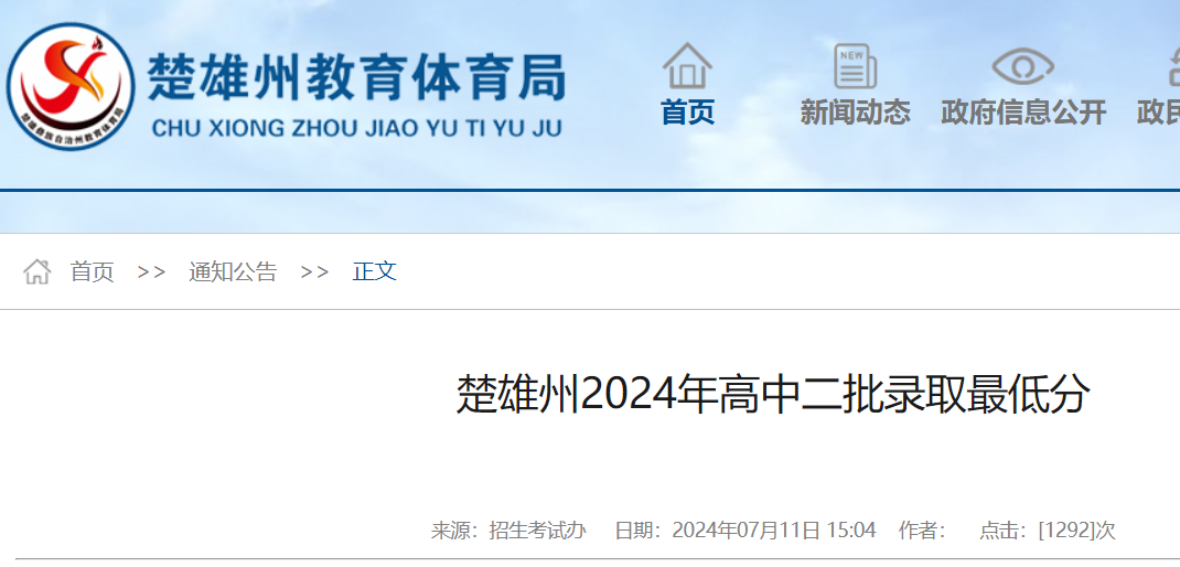 2024年云南楚雄州高中二批录取最低分