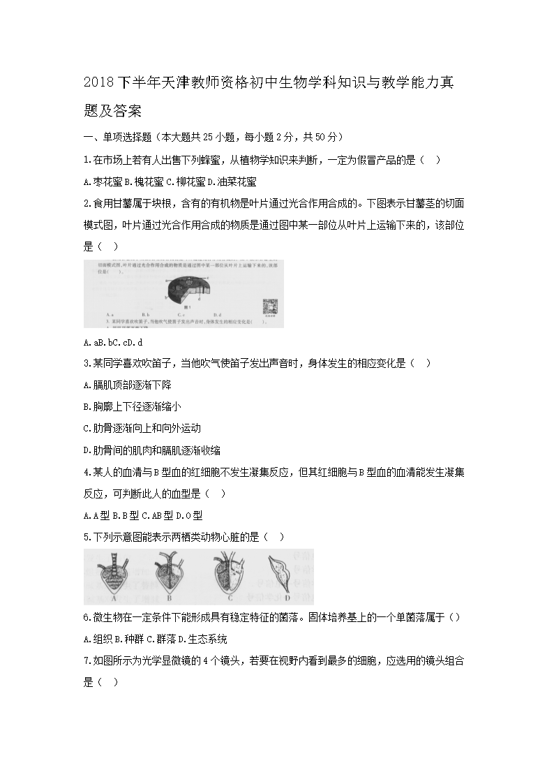2018下半年天津教师资格初中生物学科知识与教学能力真题及答�?.png