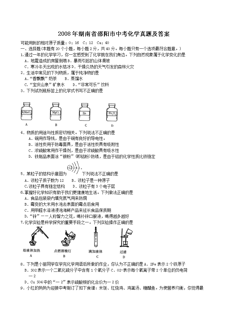 2008年湖南省邵阳市中考化学真题及答案(Word版)