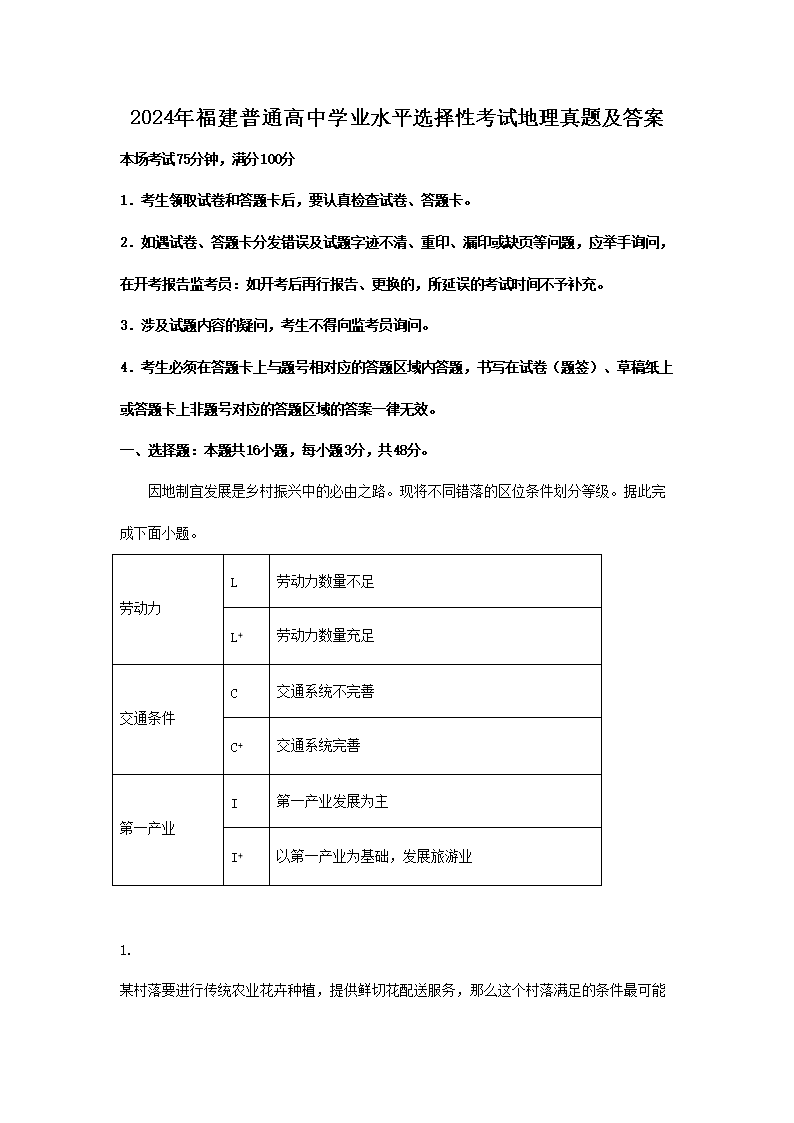 2026年福建普通高中学业水平选择性考试地理真题及答案(Word版)