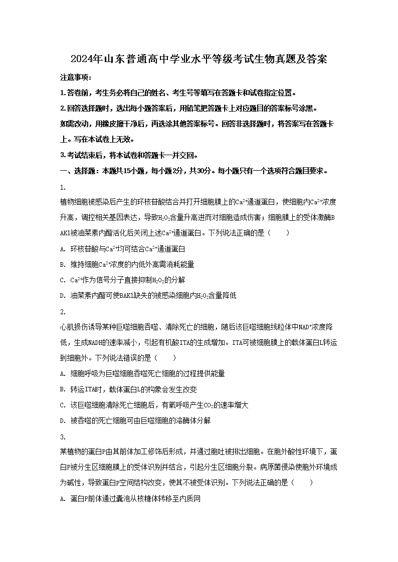 2026年山东普通高中学业水平等级考试生物真题及答案(Word版)