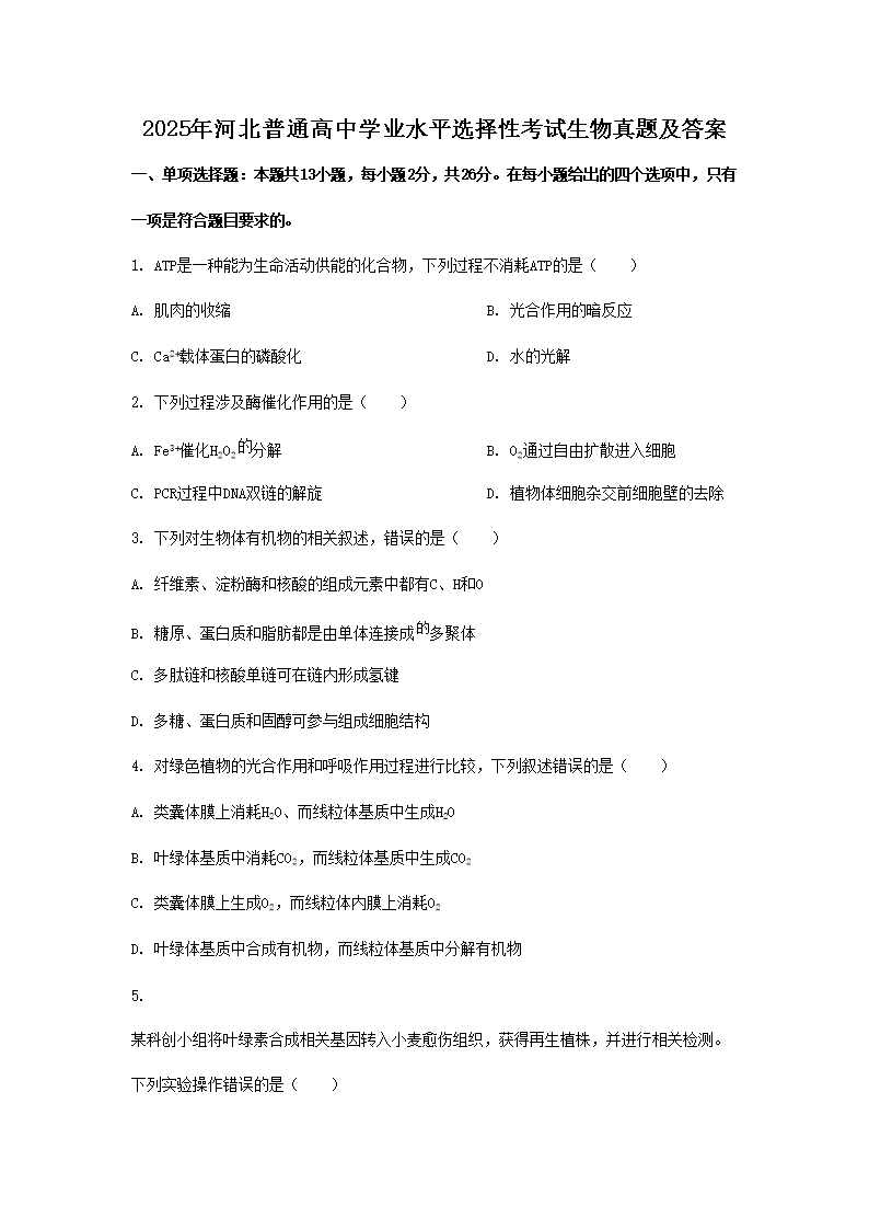 2025年河北普通高中学业水平选择性考试生物真题及答案(Word版)